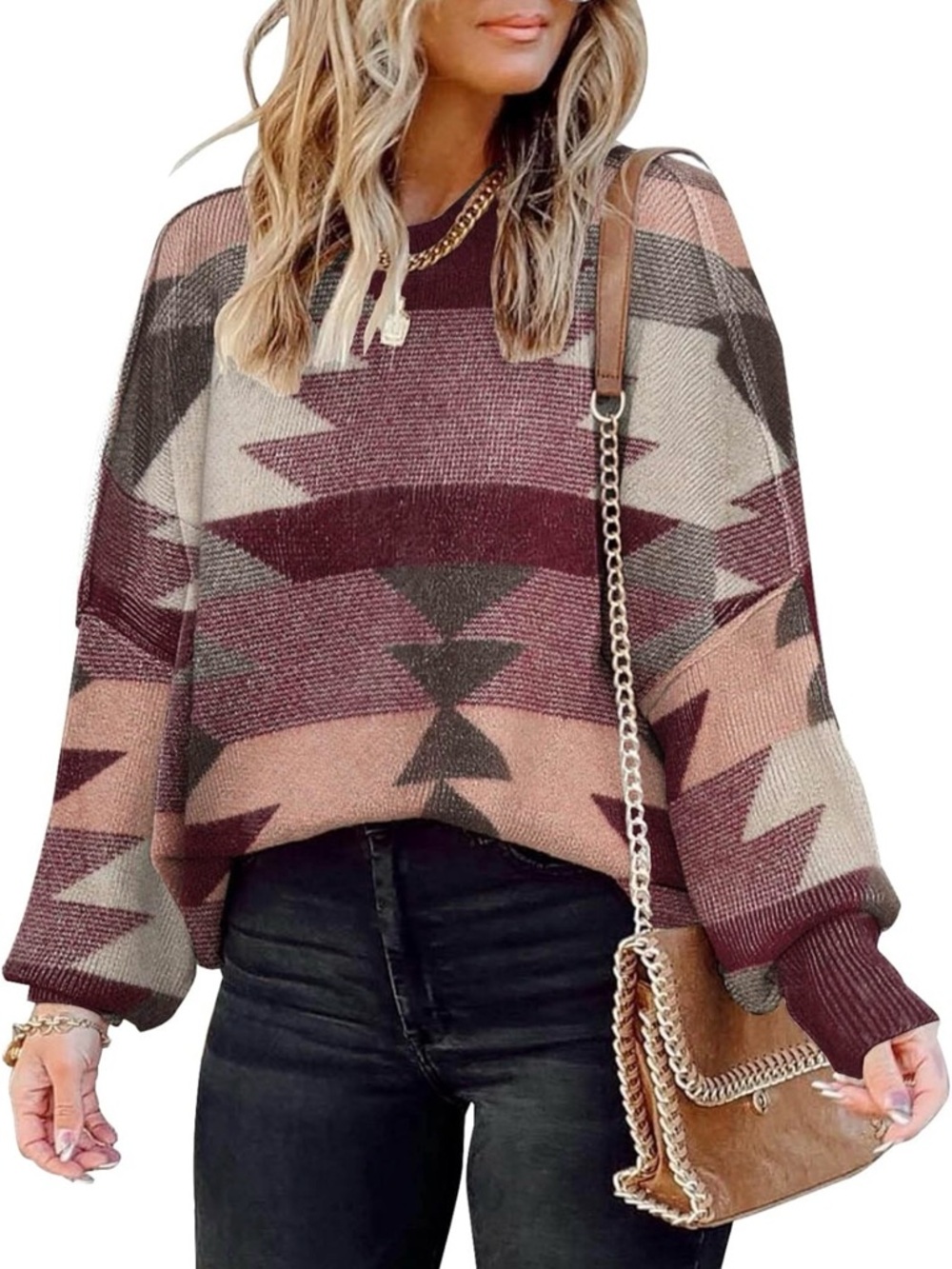 Women's Geometric Aztec Knit Sweater - Burgundy & Taupe